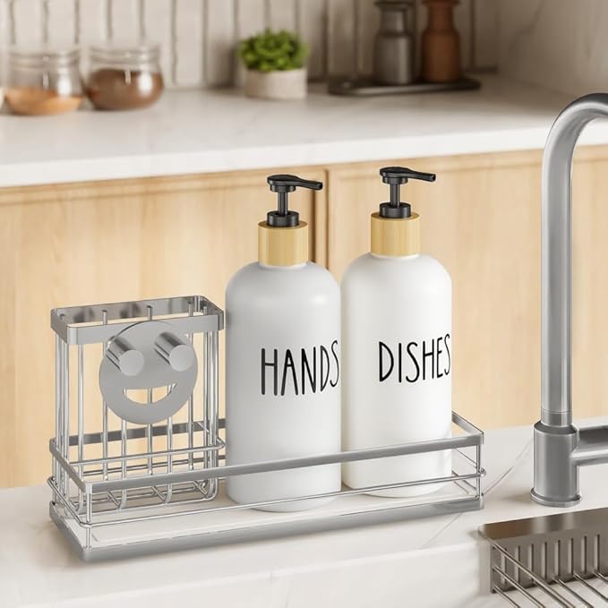 Moforoco Kitchen Dish Soap Dispenser Set, 16OZ Glass Bottle, Hand and Dish Soap Dispenser Set, Instant Dry Tray, Non-Slip Silicone Pad, Brush Holder with Sponge Holder, Kitchen Decor(White Bottle)