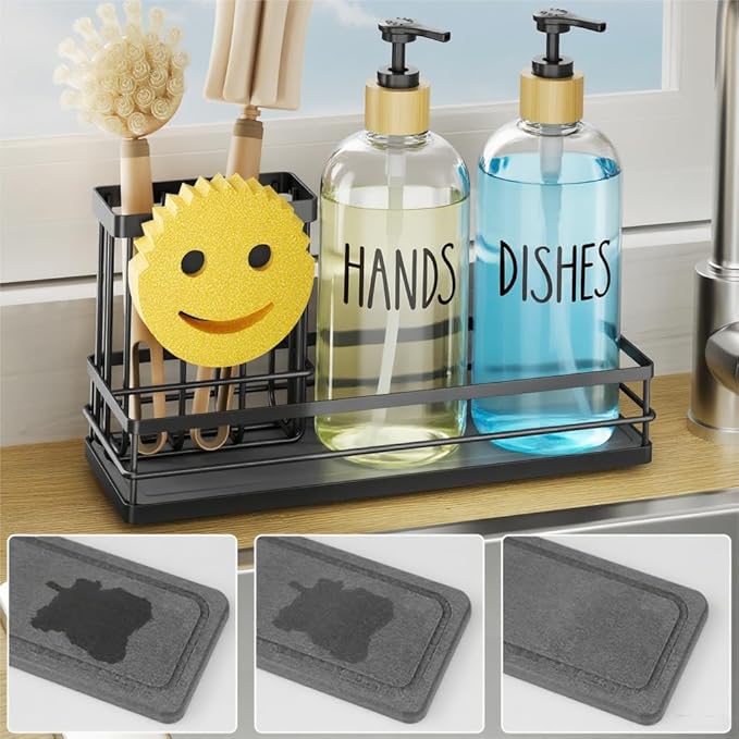 Moforoco Kitchen Dish Soap Dispenser Set, 16OZ Glass Bottle, Hand and Dish Soap Dispenser Set, Instant Dry Tray, Non-Slip Silicone Pad, Brush Holder with Sponge Holder, Kitchen Decor(Clear Bottle)