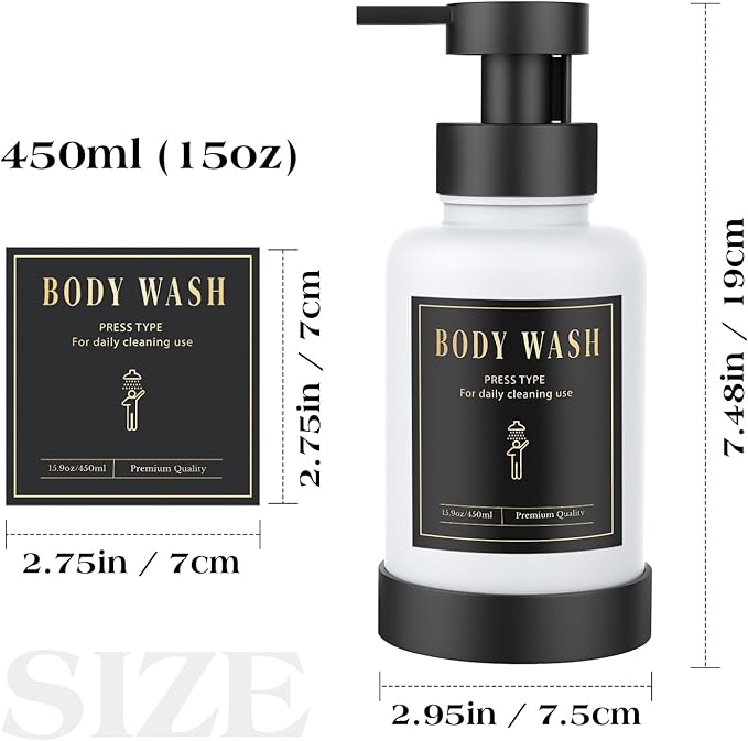 Luxspire Foaming Soap Dispenser, Glass Foam Pump Soap Dispenser, Non-Slip Silicone Sleeve & 5 Waterproof Labels, 15 Oz Refillable Liquid Bottle for Bathroom & Kitchen, Black+White, 2 Pack