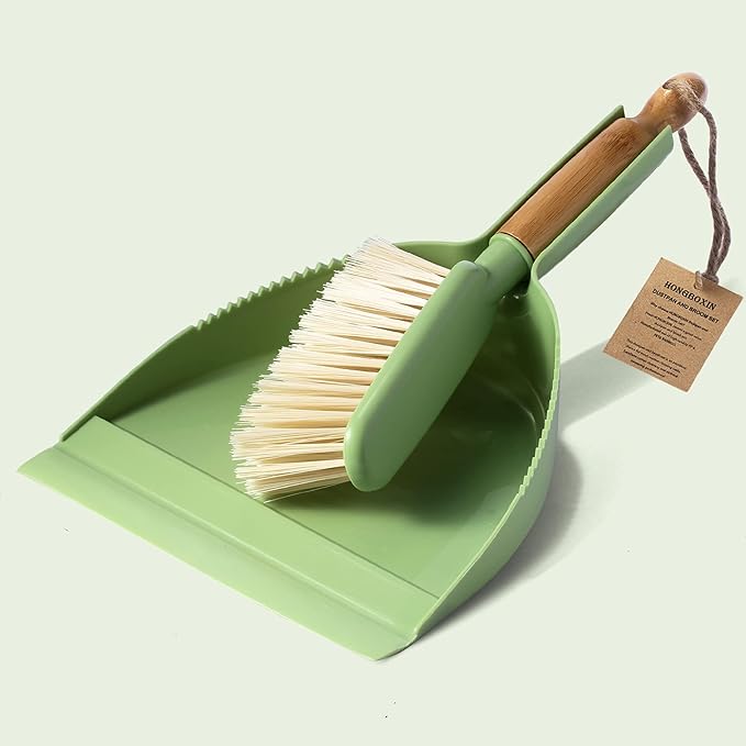Dust Pan and Brush Set - Small Dustpan and Brush Set, Handheld Broom and Dustpan Set, Brush and Dust Pan Set for Car, Pet Care, Office, 14 x 8.7 inch, Green