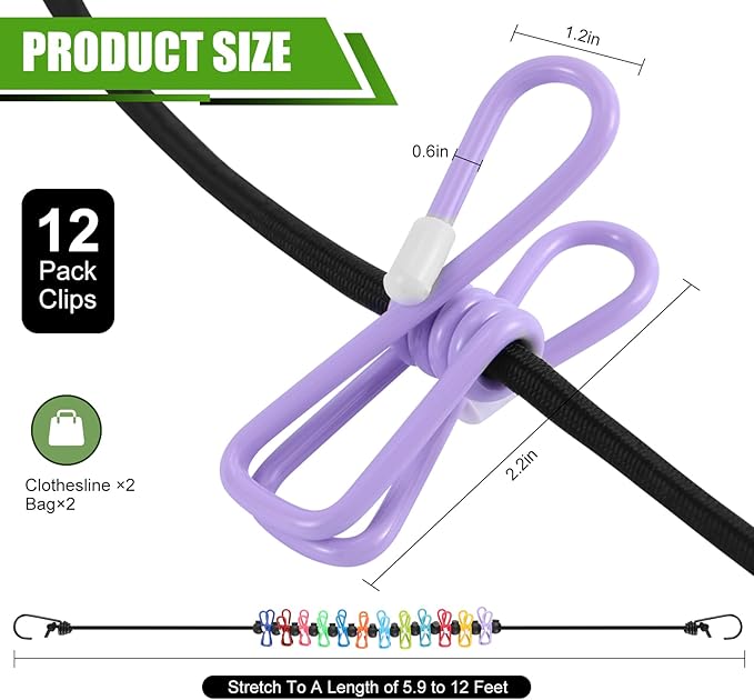 2 Pack Camping Clothesline Portable 12 Clothespins, Camping Accessories Travel Clothesline for Outdoor Indoor, Retractable Clothes Line Elastic Clothesline for Camper Hotel Room