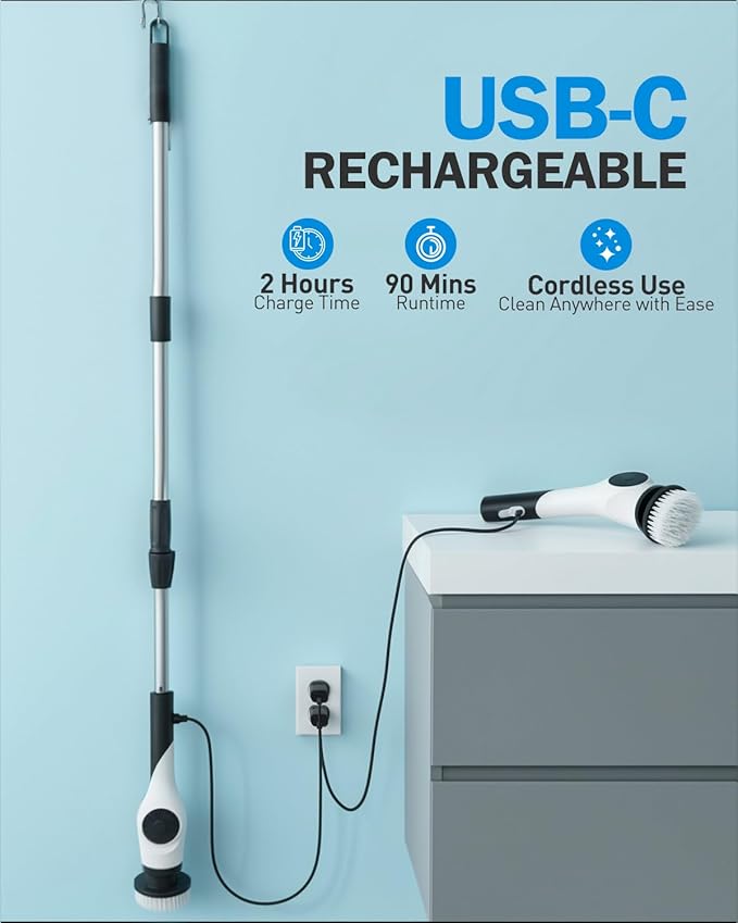Electric Spin Scrubber with 10 Replaceable Brush Heads, IPX7 Waterproof Shower Scrubber with Long Handle, 3-Speed Adjustable Bathroom Scrubber Electric with Rotating Cleaning Brush