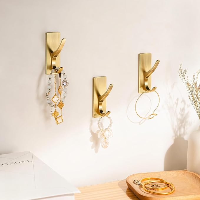 10 Pack Self Adhesive Coat Hooks for Hanging, Heavy Duty Stainless Double Wall Hook for Towel, Backpack, Hat, Sturdy Metal Hanger for Bathroom, Bedroom, Door, Wall Mounted, Brushed Gold
