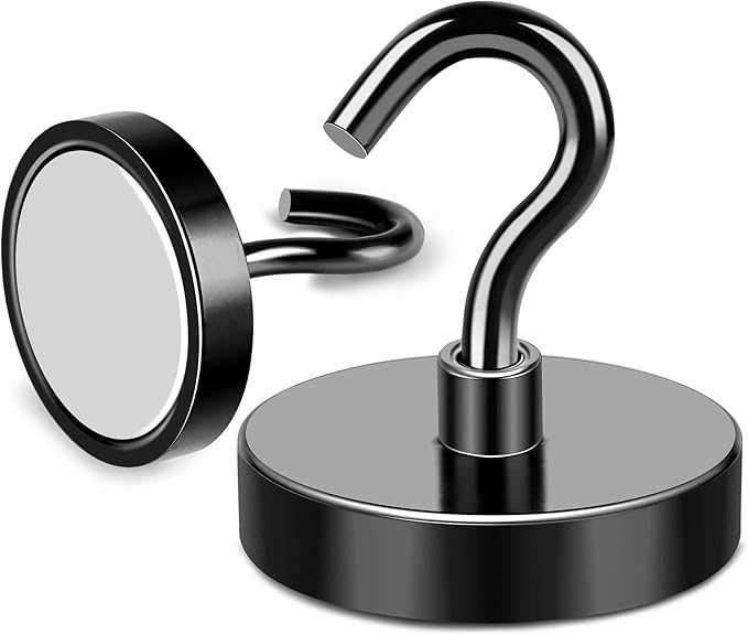 MIKEDE Magnetic Hooks, 150LB Super Strong Magnet Hooks Heavy Duty for Cruise Essentials, Black Neodymium Earth Magnets with Hook for Hanging, Magnetic Metal Hanger for Fridge, Toolbox - 4 Pack