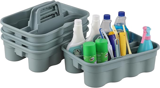 4 Packs Plastic Cleaning Caddy, 2 Compartment Cleaning Tool Caddy with Handle, Grey