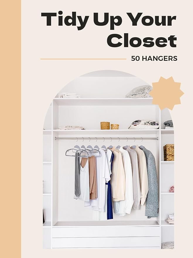 HOUSE DAY Grey Plastic Hangers 50 Pack, Slim Space Saving, Non Slip Hangers with Rubber Pads, Sturdy Heavy Duty Coat Hanger for Closet, S-Shaped Clothes Hanger for Shirt, Suit, Pant, Skirt