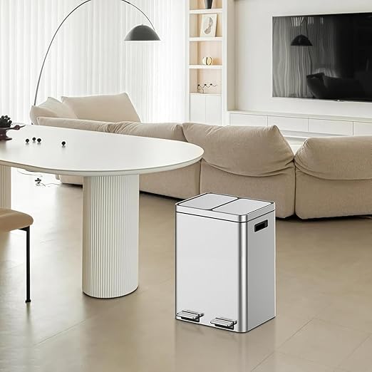 2 x 5.3 Gal (2 x 20L) Trash Can, Stainless Steel Triple Compartment Step-On Recycling Bin with Soft-Close Lids & Removable Plastic Inner Buckets for Kitchen, Home, Office