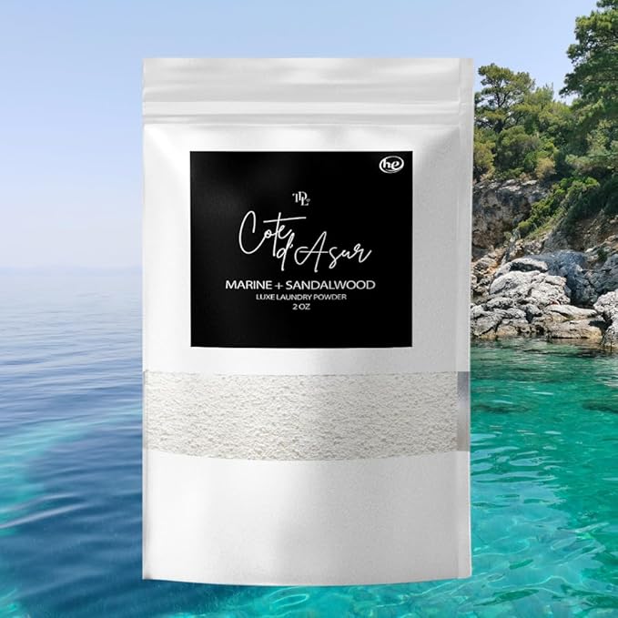 Home 'COTE D'AZUR Laundry Detergent Powder & Laundry Booster – Ultra-Concentrated Marine & Sandalwood Scent – Plant-Based, Stain-Fighting, HE Safe, Gentle on Skin – 32 oz / 64 Loads