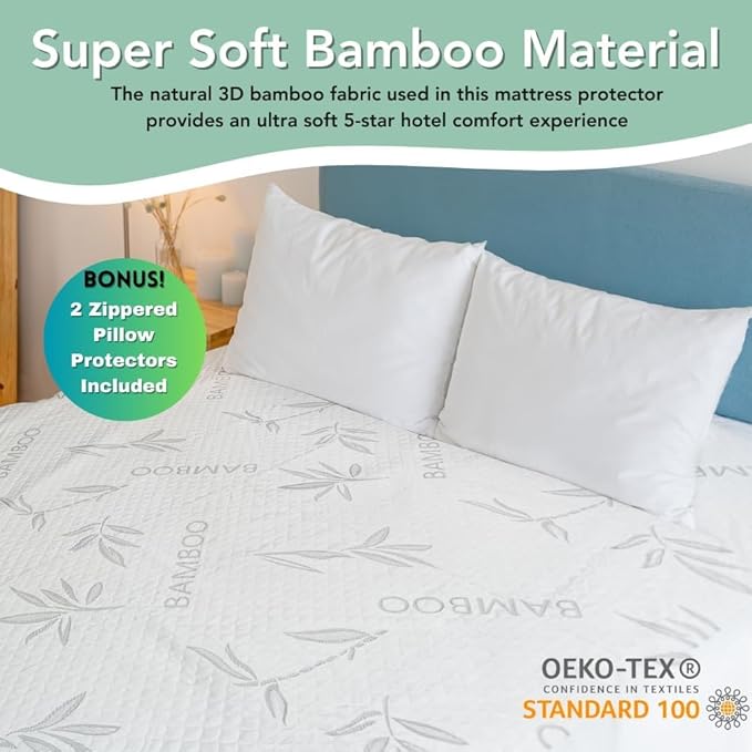 Bamboo Rayon Mattress Protector with Zipper + 2 Pillow Protectors - 100% Waterproof Cooling Cal King Size Cover - Ultra Soft Fabric Breathable Noiseless Mattress Pad Covers Zippered Encasement