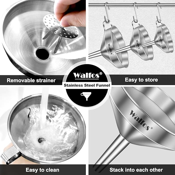 Stainless Steel Funnel, Walfos 3 Pack Kitchen Funnel with 2 Removable Strainer & 1Pcs Cleaning Brush, Perfect for Transferring of Liquid, Oils, Jam, Dry Ingredients & Powder