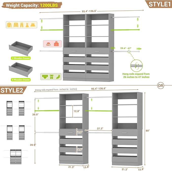 Aheaplus Closet System, 6-15Ft Closet Organizer with 8 Wooden Drawers, Wood Closet Organizer System with Tower, Walk-in Closet Organizer Wardrobe Garment Clothes Rack with 4 Hanging Rods, Grey