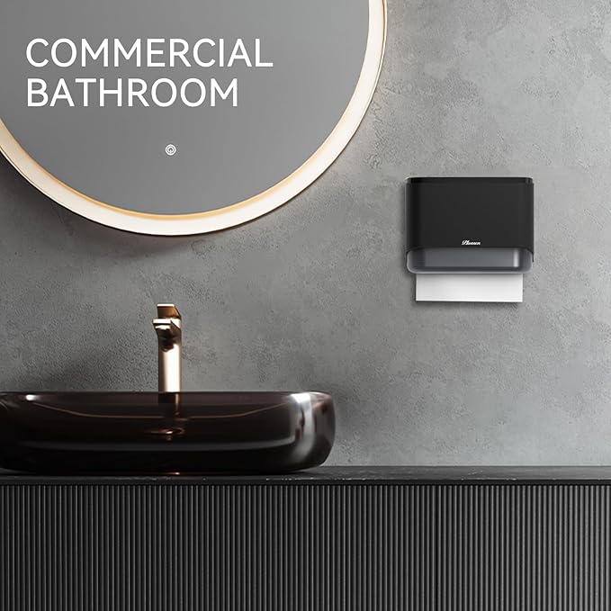 Commercial Paper Towel Dispenser Wall Mount C-Fold Multifold Trifold Towels Dispenser for Bathroom,Two Key Lock Design No-Drilling Adhesive & Screws Included, ABS Built (Black-PN6012)