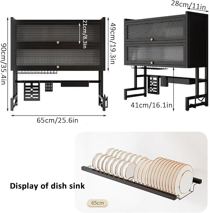 Dish Drying Rack 4 Tiers with Cover, Keep Kitchen Sink Shlef Organized Space-Saving Dish Drying Rack, Large Drying Rack for Dishes, Glasses, Bowls, Cutlery (Black, W-25.6)