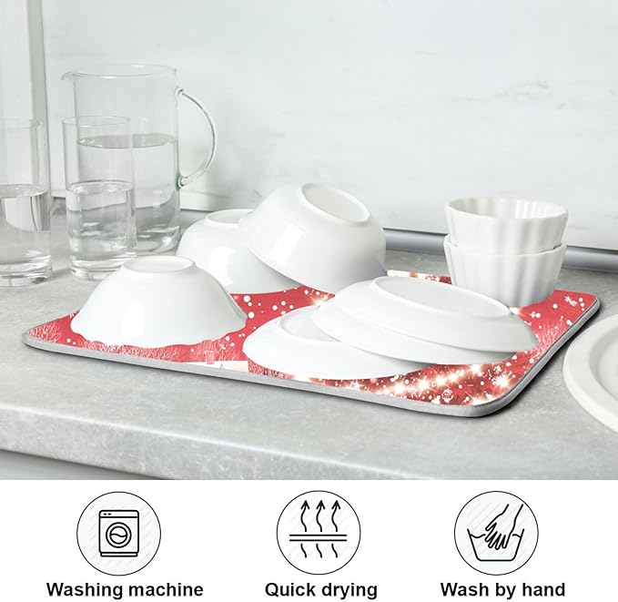 Christmas Tree Red Dish Drying Mat for Kitchen Countertop 16x18 Winter Snow Cabin Xmas Small Drying Mat Reusable Quick Dry Dish Sink Mats Easy Clean Decorative Essentials