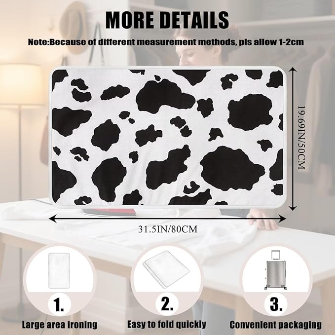 Cow Print Ironing Mat Portable Ironing Pad,Black and White 32 x 16 Inch Large Ironing Mat for Table Top of Washer, Dryer, Table Top, Countertop, Heat Resistant Iron Board Pads