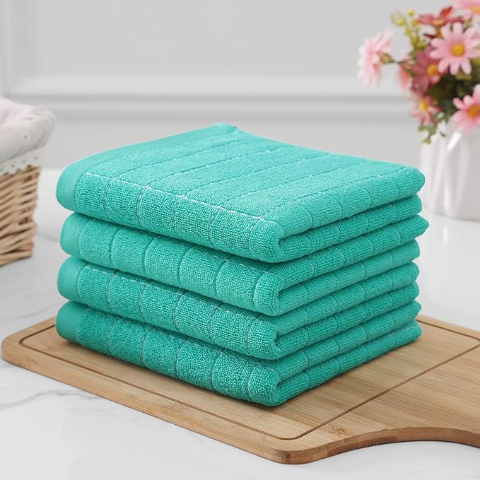 Homaxy 100% Cotton Terry Kitchen Towels(Turquoise, 13 x 28 inches), Checkered Designed, Soft and Super Absorbent Dish Towels, 4 Pack