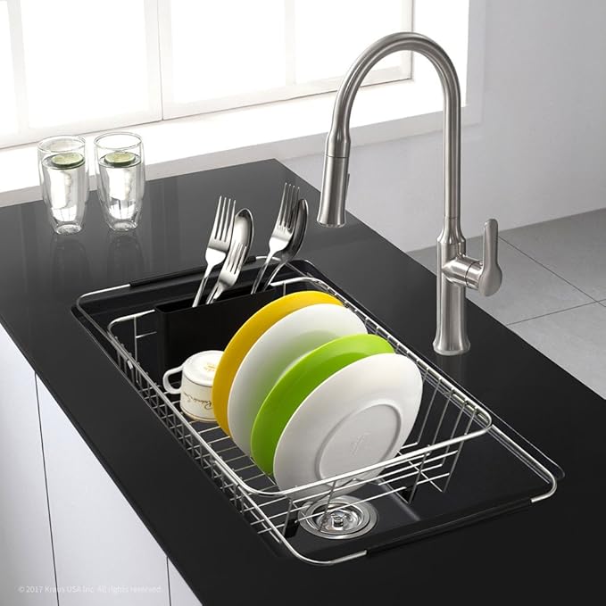 SANNO Expandable Dish Drying Rack Over Sink Dish Rack Shelf in Sink or On Countertop with Stainless Steel Utensil Holder Rustproof Stainless Steel
