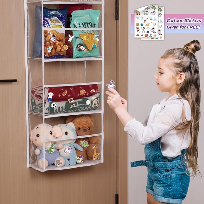 Univivi 5-Shelf Fabric Door Storage Over Door Hanging Organizer with 5 Clear Plastic Pockets & 2 Big Metal Hooks Nursery Closet Cabinet Wall Mount Hanging Storage Organizers for Baby Nursery