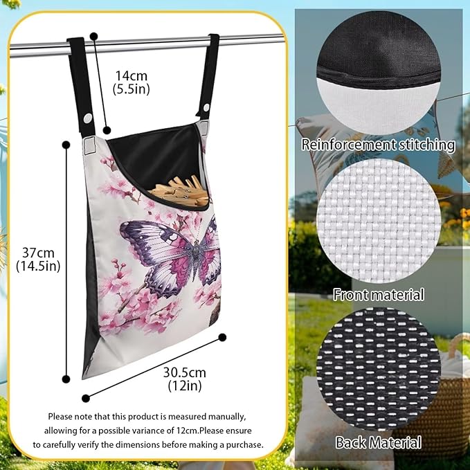 2 Pcs Clothes Pin Hanging Bag, Butterfly Clothes Pins Bag Holder Outdoor 4.Stylish Clothespin Bag with Hanging Rope for Clothes Pin and Clothespin