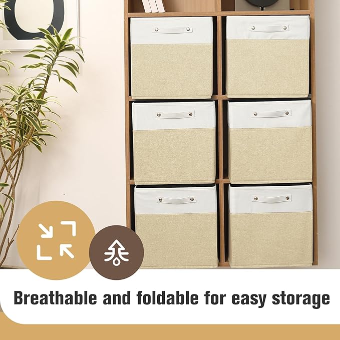 13 x 13 Inch Fine Linen Storage Bins with Handles,Fabric Cube Boxs,Collapsible Basket Organizers for Shelves for Home, Closet Drawers (White/Khaki-4 Pack)