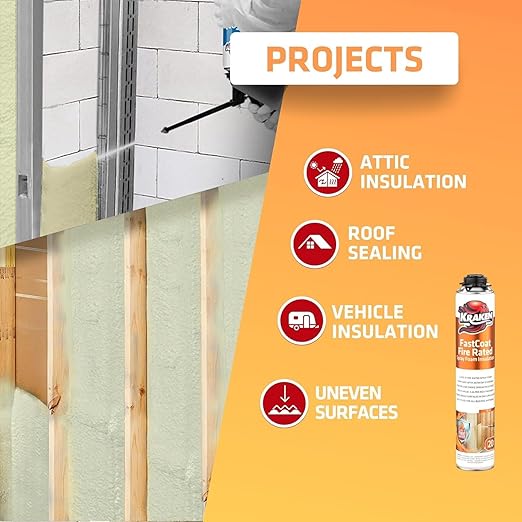 Kraken Bond Fastcoat Fire Rated Spray Foam Insulation (48x27.1 oz.) (R-Value 11.32 / 2in) Closed Cell Expanding Foam - Heat and Acoustic Insulation, 1 Gun & 4 Cleaner Included, 960 Board Ft, 48 Pack