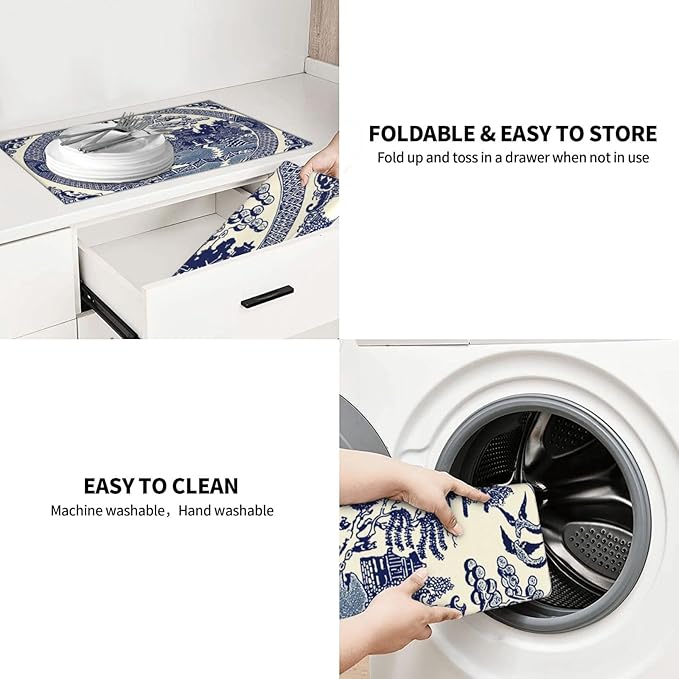Dish Drying Mat For Kitchen Counter Absorbent Dish Mat Reversible Drainer Drying Kitchen Mat (Oriental Style Chinese Blue Willow, 24X18)