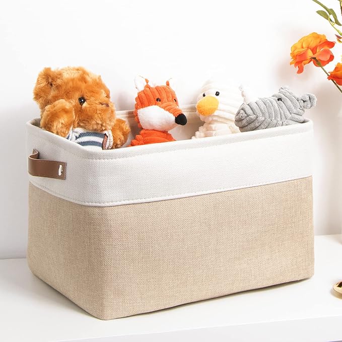 DULLEMELO Collapsible Rectangle Fabric Storage Basket for Organizing Clothes, Toys, Towels, Books, Laundry, Nursery, Dog Toys (White & Khaki)