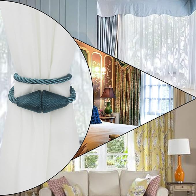 6 Pack Magnetic Curtain Tiebacks Rope Modern Handmade Curtain Tie Backs Decorative Drapes Weave Holdbacks for Window Décor, Blue