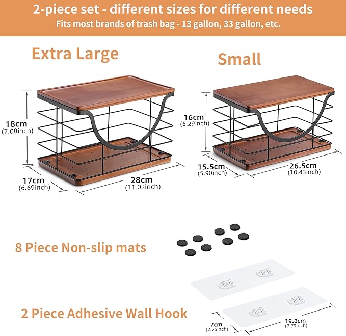 Extra Large Trash Bag Holder Stackable Kitchen Storage, 2 Pack Wall Mounted Pantry Organizers and Storage with Bamboo Top, Garbage Bag Dispenser Under Sink for Laundry Room and Kitchen