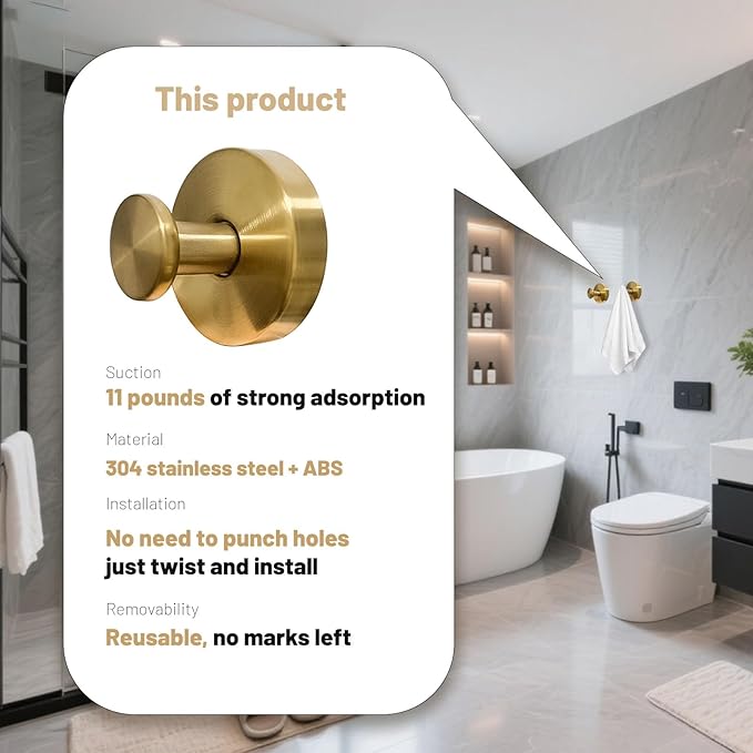 4 Pcs Suction Cup Hooks for Shower,Removable Hooks,Towel Hook,Suction Hook for Bathroom, Bedroom, Glass Window (Gold)