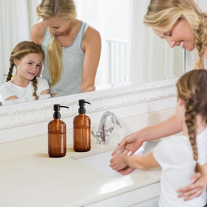 AmazerBath Amber Glass Soap Dispensers, 2 Glass Amber Pump Bottles, 17 Oz Dish Soap Dispenser, Kitchen Bathroom Hand Soap Dispensers for Hand Sanitiser, Shampoo, Lotion, Shower Gel Conditioner
