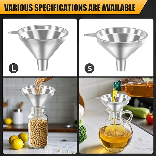 3 Pack Stainless Steel Kitchen Funnel Set,funnels for Kitchen use Filling Bottles, 2 Size Spouts Funnel and Strainer for Filling Different Bottles and Bags