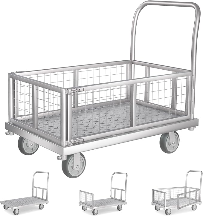 4-in-1 Platform Truck Cart with Cage, Multi-Purpose Heavy Duty Steel Flatbed Cart with 2200lbs Capacity Platform Hand Truck 6" Wheels Push Cart Dolly for Groceries, Garage, Warehouse (41“L x 24" W)