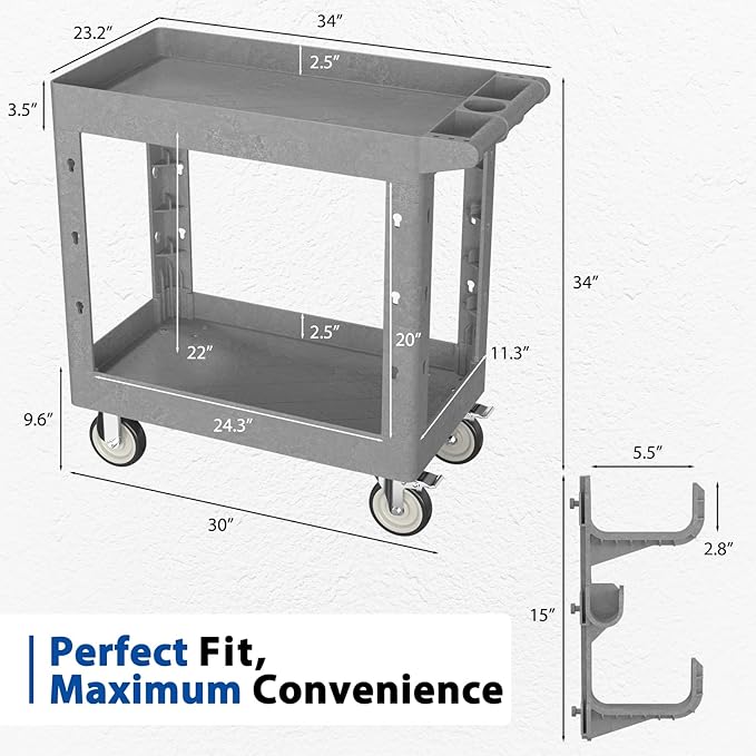 Heavy Duty Rolling Utility Cart with Wheels 2 Tier Utility Plastic Service Work Cart for Shop, Garage, Warehouse, Maintenance 550 lbs