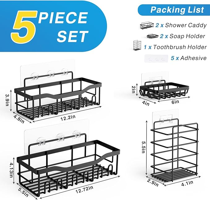 EUDELE Adhesive Shower Caddy, 5 Pack Rustproof Stainless Steel Bath Organizers With Large Capacity, No Drilling Shelves for Bathroom Storage & Home Decor-XL Size