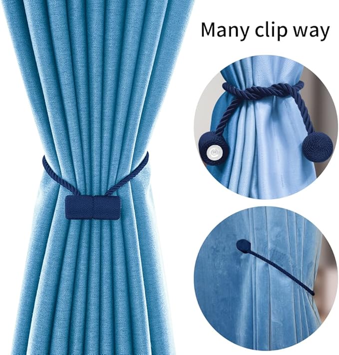 18 Inch Strong Magnetic Curtain Tiebacks, Curtain Holdbacks Modern Upgrade Strong 2021 New Twisted Style Decorative Drapery Rope Tie Backs(4 Pack Navy Blue)