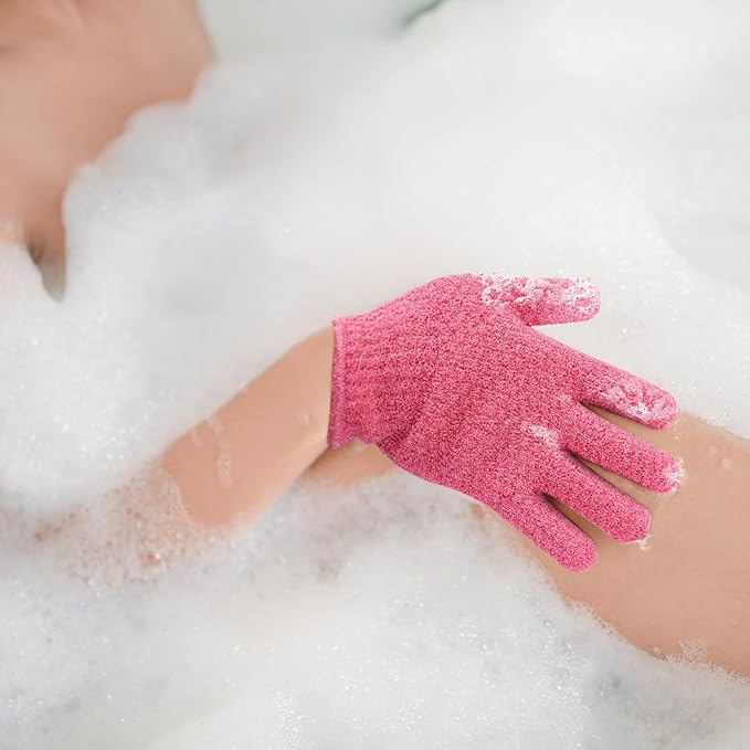 Evridwear Exfoliating Gloves for Shower, 100% Nylon Thick Soft Medium Heavy Bathing Gloves Dead Skin Remover Body Scrubber Smooth Skin with Hang Loop, 2 Pairs Heavy Hot Pink