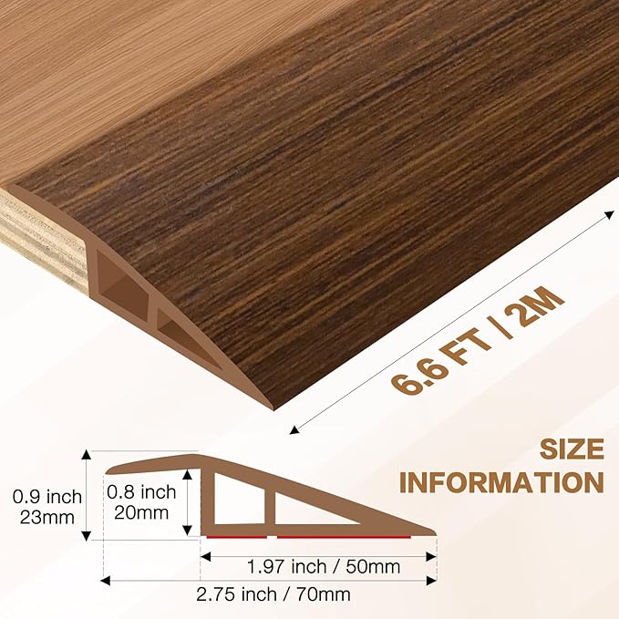 Floor Transition Strip Vinyl Door Threshold Ramp Self Adhesive Carpet Edging Strip Doorway Edge Trim, Overlap Edge Reducer for Laminate Carpet, Floor, Tile (Brown Wood Grain, 3/5" to 4/5", 6.6Ft)