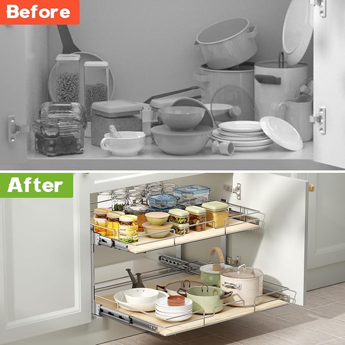 ROOMTEC 2 Tier Individual Pull Out Cabinet Organizer 22½"W x 21½"D, Slide Out Wood Shelves Organizers, Pull Out Drawers Organization and Storage for Kitchen Cabinet