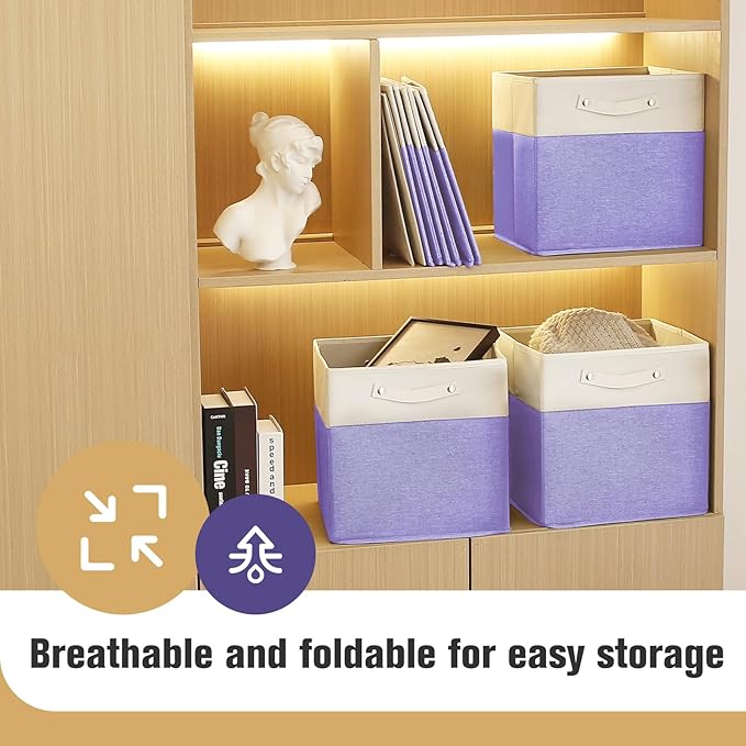 13 x 13 Inch Fine Linen Storage Bins with Handles,Fabric Cube Boxs,Collapsible Basket Organizers for Shelves for Home, Closet Drawers (White/Purple-6 Pack)