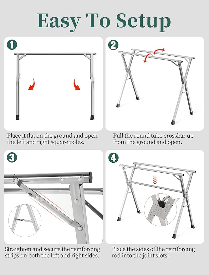 79 Inches Heavy - Duty Stainless Steel Folding Clothes Drying Rack - Indoor/Outdoor Use, Anti-Rust, 20 Windproof Hooks, Portable & Foldable (79'')