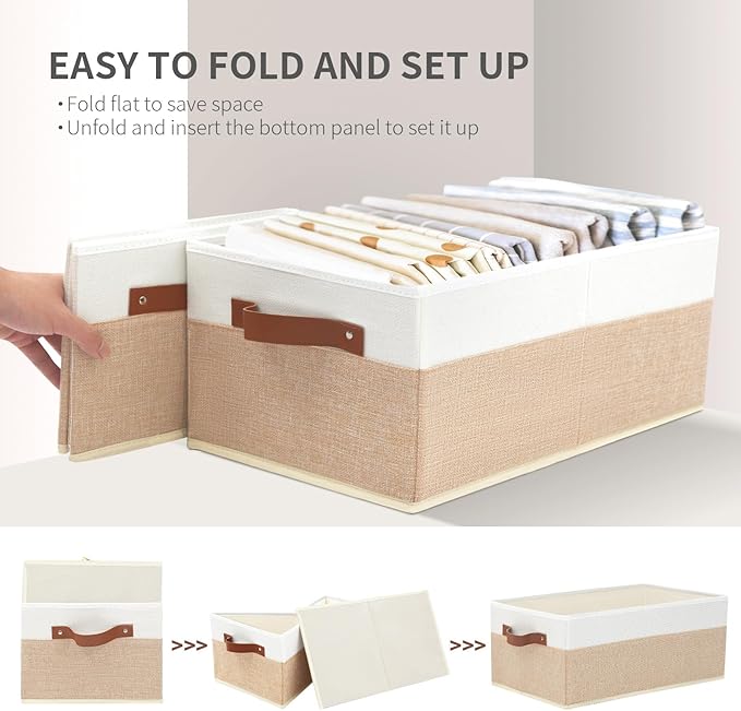 Closet Organizer Bins 3 Pack, Large Storage Bins for Shelves, Foldable Closet Storage Boxes Baskets with Leather Handles for Organizing Clothes, Sheets, Jeans, Toys, Books(Begie)