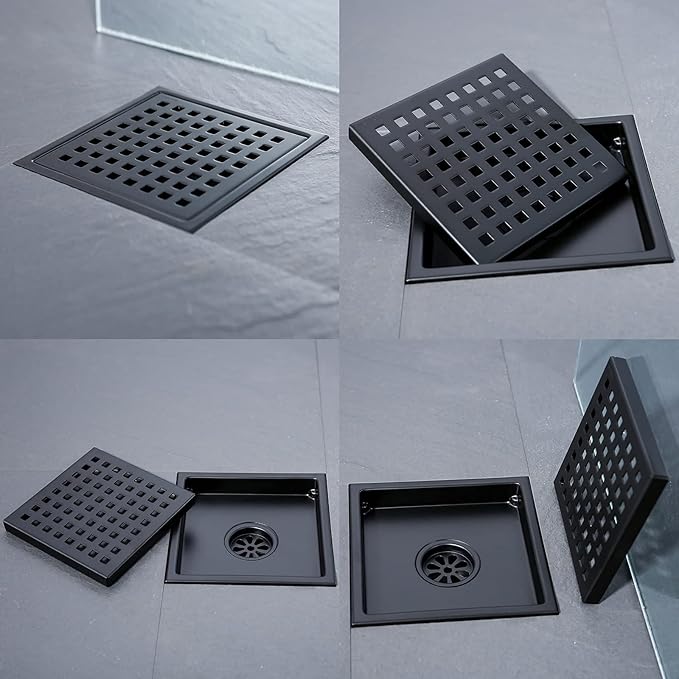 RANDOM Matte Black Square Shower Drain 6 Inch Drain Cover 304 Stainless Steel Floor Drain Grate with Removable Hair Strainer,6" Black Shower Drain