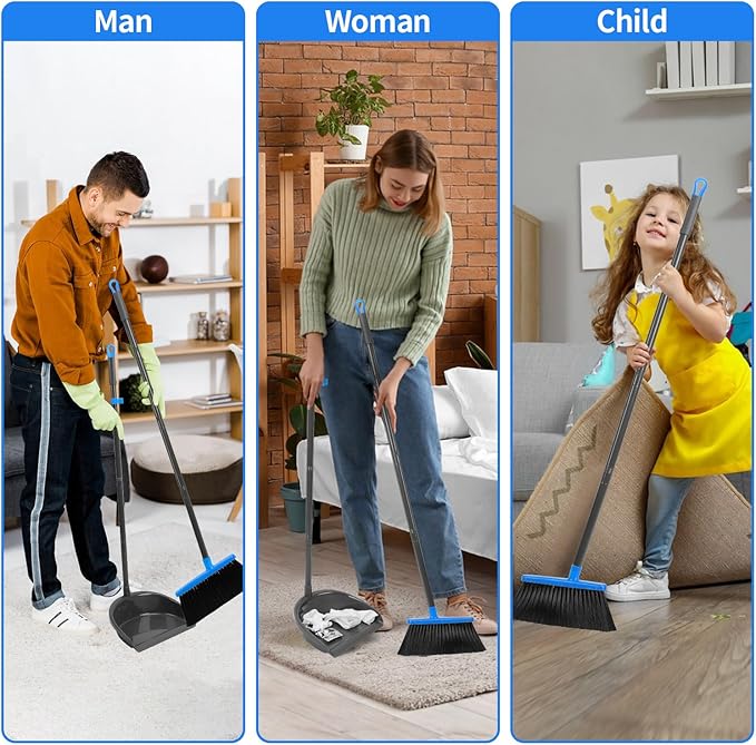 Broom and Dustpan Set ,Long Handle Broom with Upright Standing Dust pan for Indoor Outdoor Home Kitchen Office Floor Cleaning