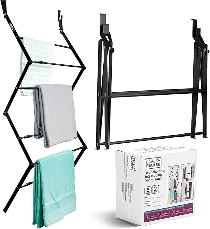 BLACK+DECKER Over The Door Expandable Telescopic Drying Rack, Clothes Organizer, Towel Hanger, Laundry, Collapsible, Black