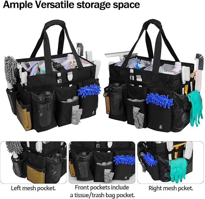 Extra Large Rolling Cleaning Caddy Bag with Detachable, Foldable Trolley Portable Cleaning Cart for Housekeeping Cleaning Caddy with Adjustable Shoulder Strap and Multiple Storage Pockets