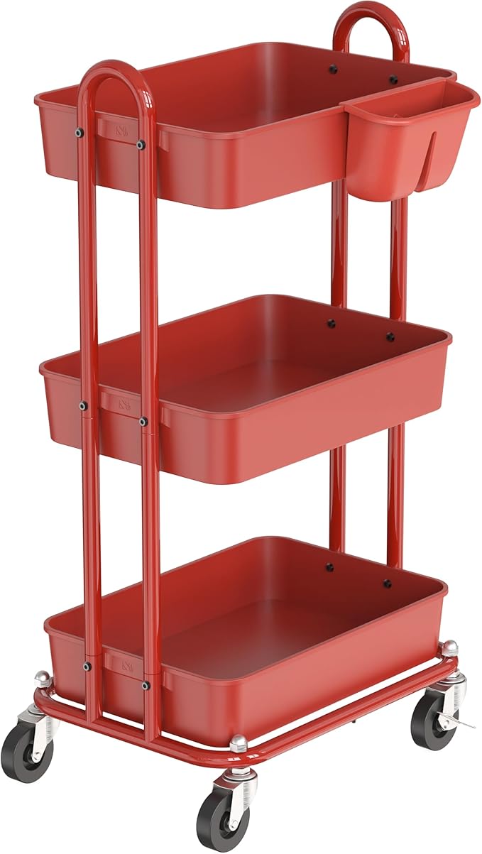 Simple Houseware 3-Tier Multifunctional Rolling Utility Cart with Hanging Bucket, Red