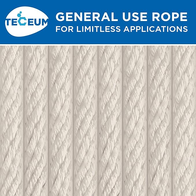 TECEUM 500lb Cotton Rope 3/16” (5 mm) – 50 FT | 100 FT– Strong All-Purpose Braided Rope – Natural Cotton – for Crafting, Сamping, Clothes Line, DIY, Indoor & Outdoor Use – Natural