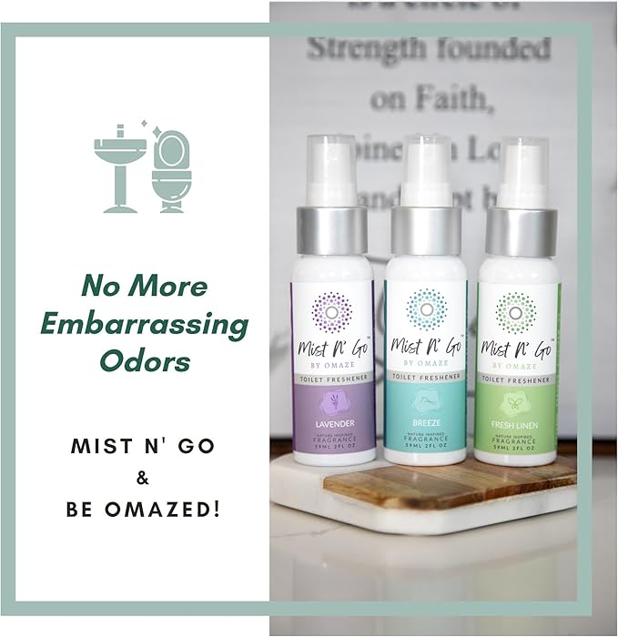 Mist N’ Go by Omaze Travel Bathroom Spray for Toilet Spray Odor Eliminator - Travel Toilet Spray for Bathroom Air Freshener Spray for Bathroom Deodorizer - Lavender Regular Size (2oz x2)