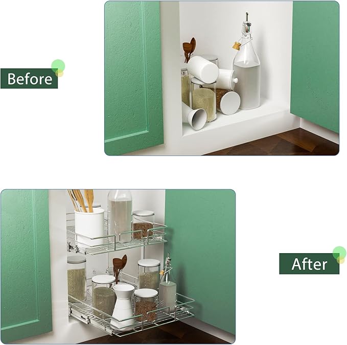 LOVMOR 2 Tier Individual Pull Out Cabinet Organizer 12½" W x 21½" D, Slide Out Kitchen Cabinet Storage Sliding Shelves